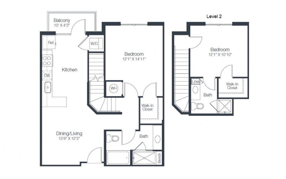 B1 - 2 bedroom floorplan layout with 2 baths and 999 square feet.