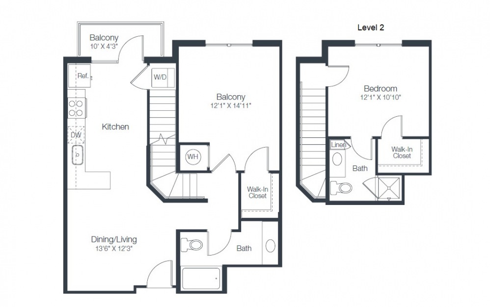 B1a - 2 bedroom floorplan layout with 2 baths and 978 square feet.