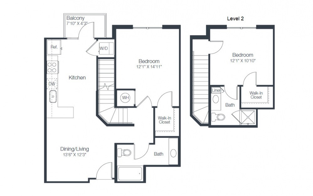 B1b - 2 bedroom floorplan layout with 2 baths and 999 square feet.