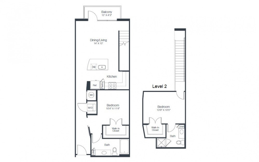B5 - 2 bedroom floorplan layout with 2 baths and 1073 square feet.